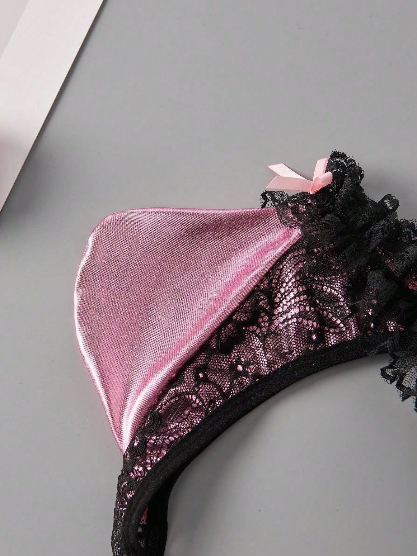 1pc Men's Faux Leather Pouch Thong Underwear, Bow Lace Breathable Stretchy Clubwear, Sexy Gift Thong