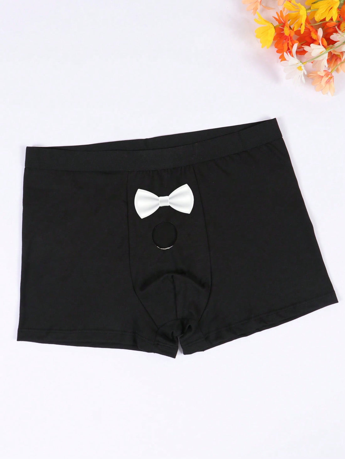 Men's Bowknot & Letter Print Hollow Out Triangle Briefs, Elastic Waistband Boxer Shorts, Father's Day Everyday Underwear