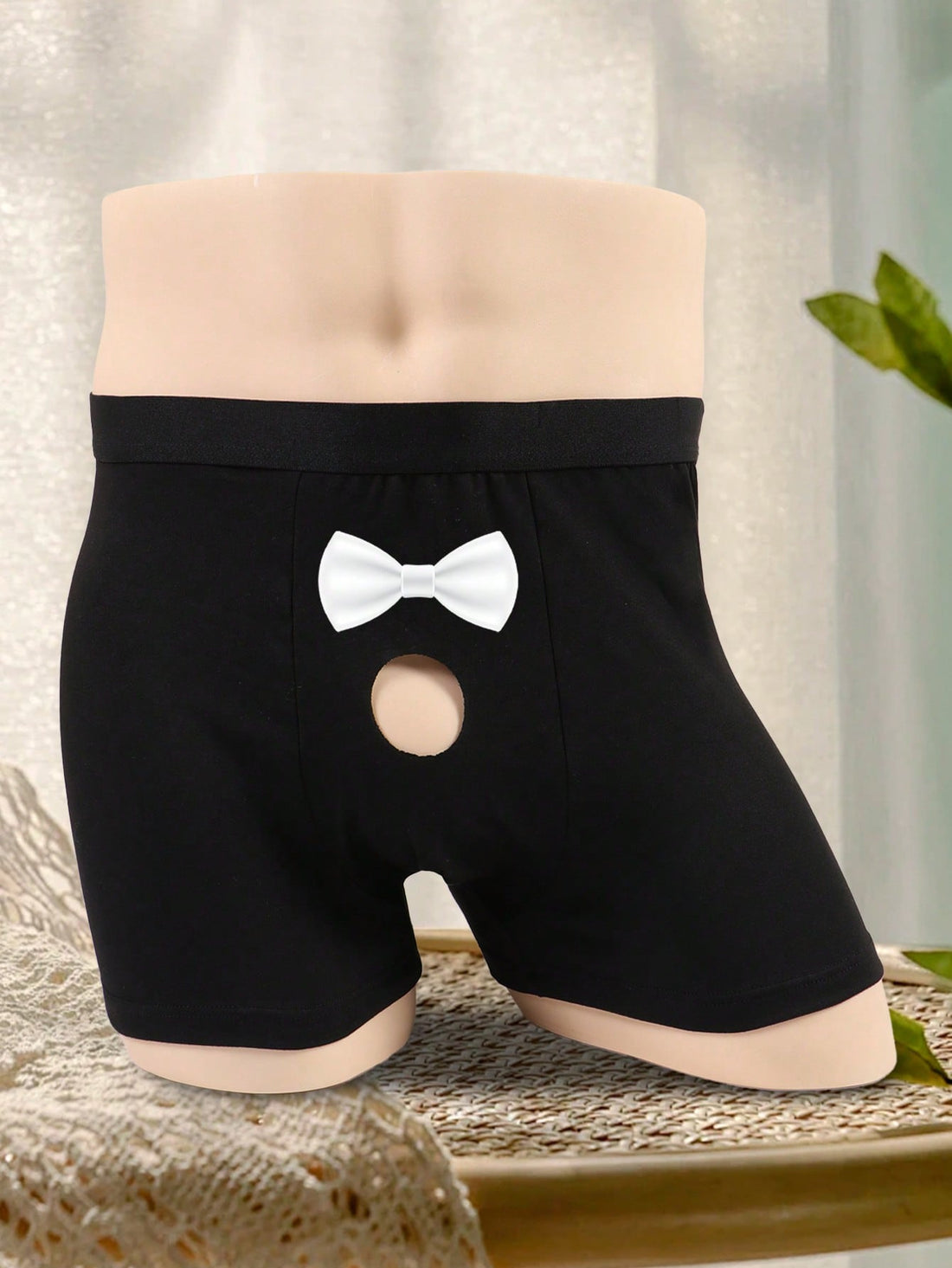 Men's Bowknot & Letter Print Hollow Out Triangle Briefs, Elastic Waistband Boxer Shorts, Father's Day Everyday Underwear