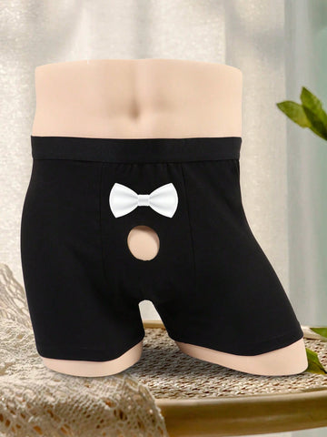 Men's Bowknot & Letter Print Hollow Out Triangle Briefs, Elastic Waistband Boxer Shorts, Father's Day Everyday Underwear