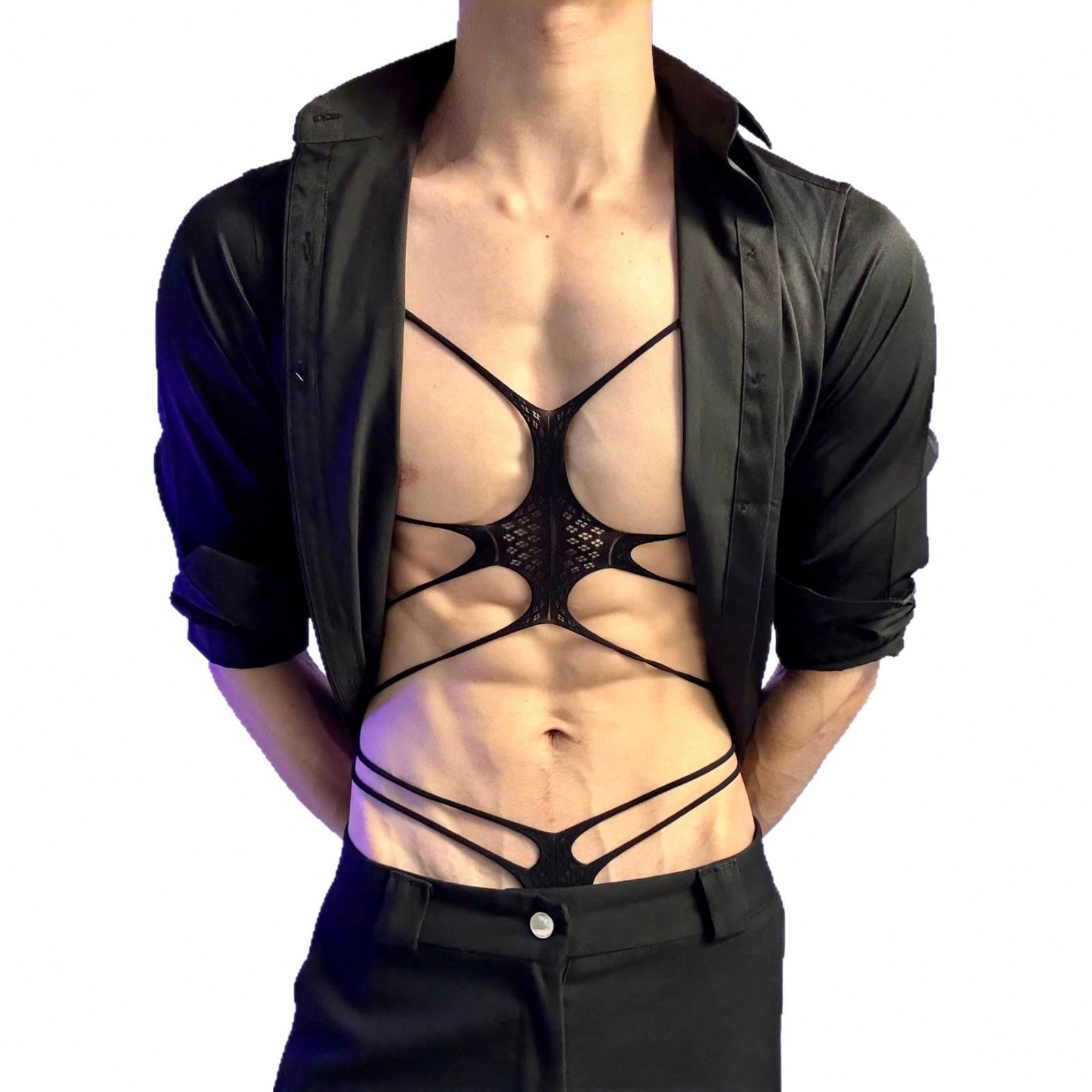 Men's black semi-sheer cut-out bodysuit lingerie with hollow-out design, low-rise fit, short length, and fake print pattern.