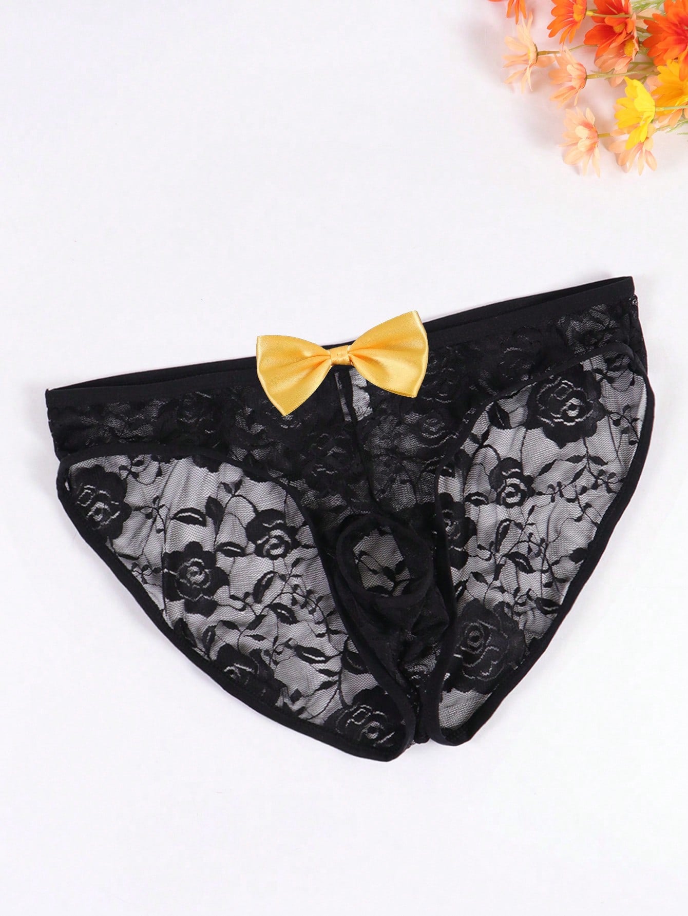 Men's Sexy Lace Floral Thong Underwear With Front Cutout, Hollow, Breathable And Comfortable, Decorated With Bow