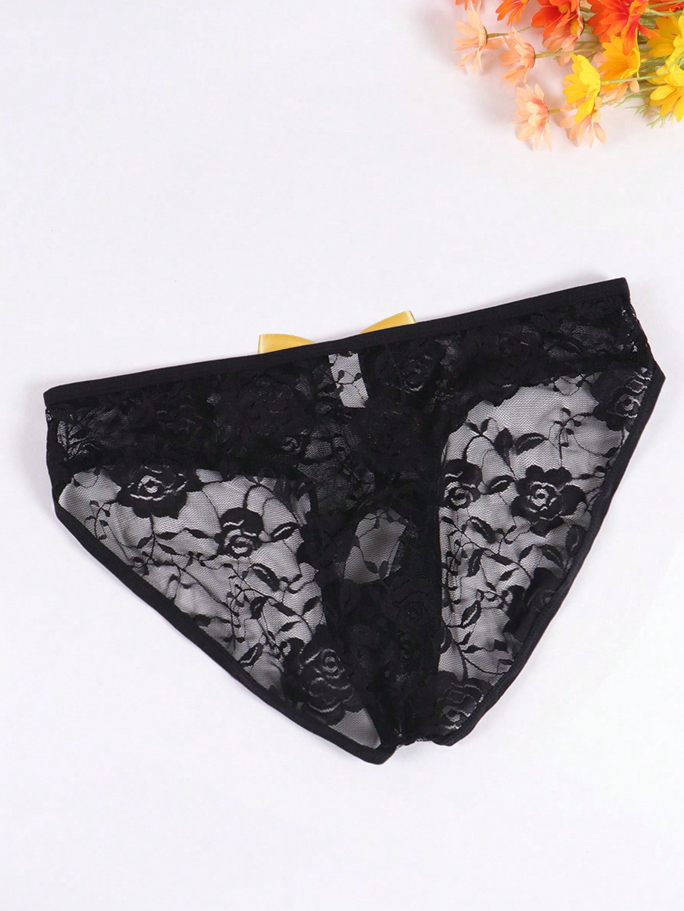 Men's Sexy Lace Floral Thong Underwear With Front Cutout, Hollow, Breathable And Comfortable, Decorated With Bow