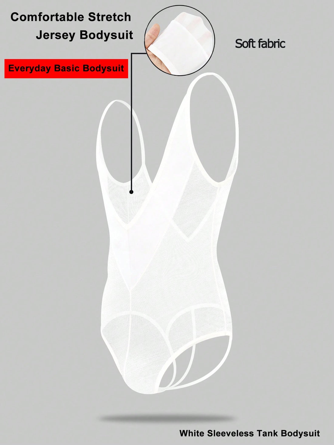Men's white mesh thong underwear with deep V-neck, cut-out detail, plain design, and mid-rise fit.