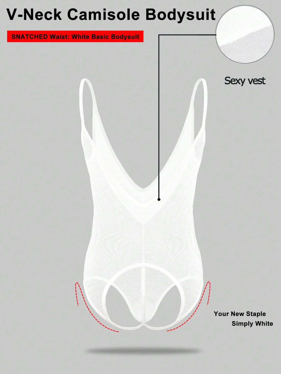 Men's white mesh thong underwear with deep V-neck, cut-out detail, plain design, and mid-rise fit.
