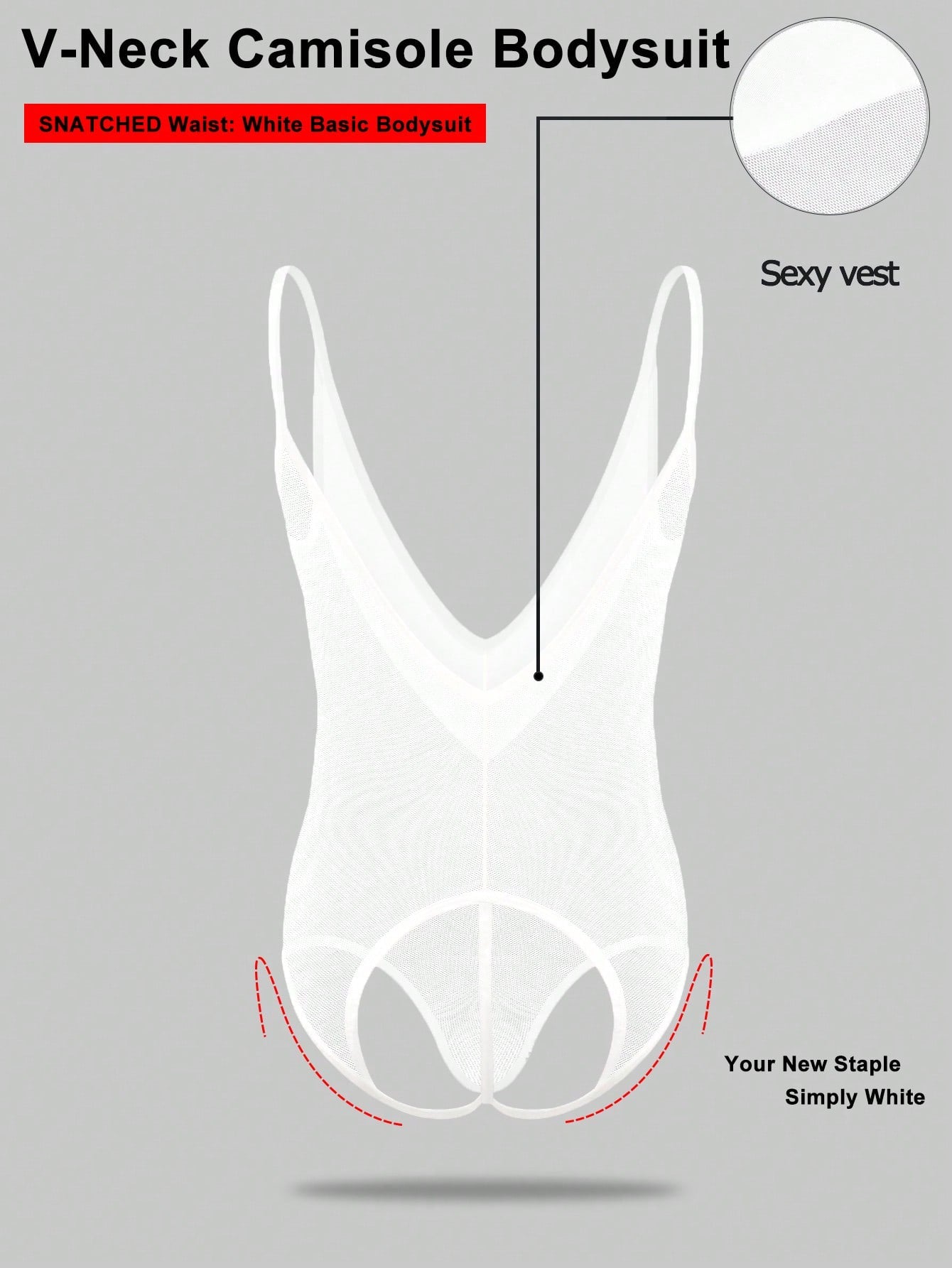 Men's white mesh thong underwear with deep V-neck, cut-out detail, plain design, and mid-rise fit.