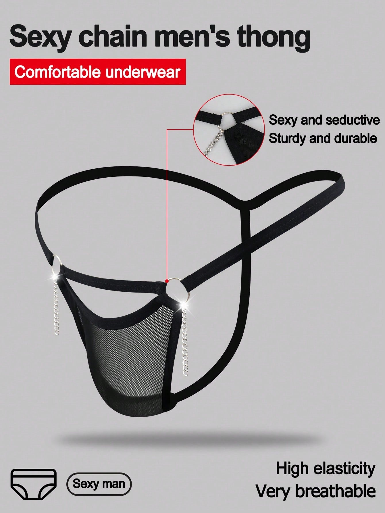 Men's black mesh low-rise thong with colorblock design and chain accessory detail