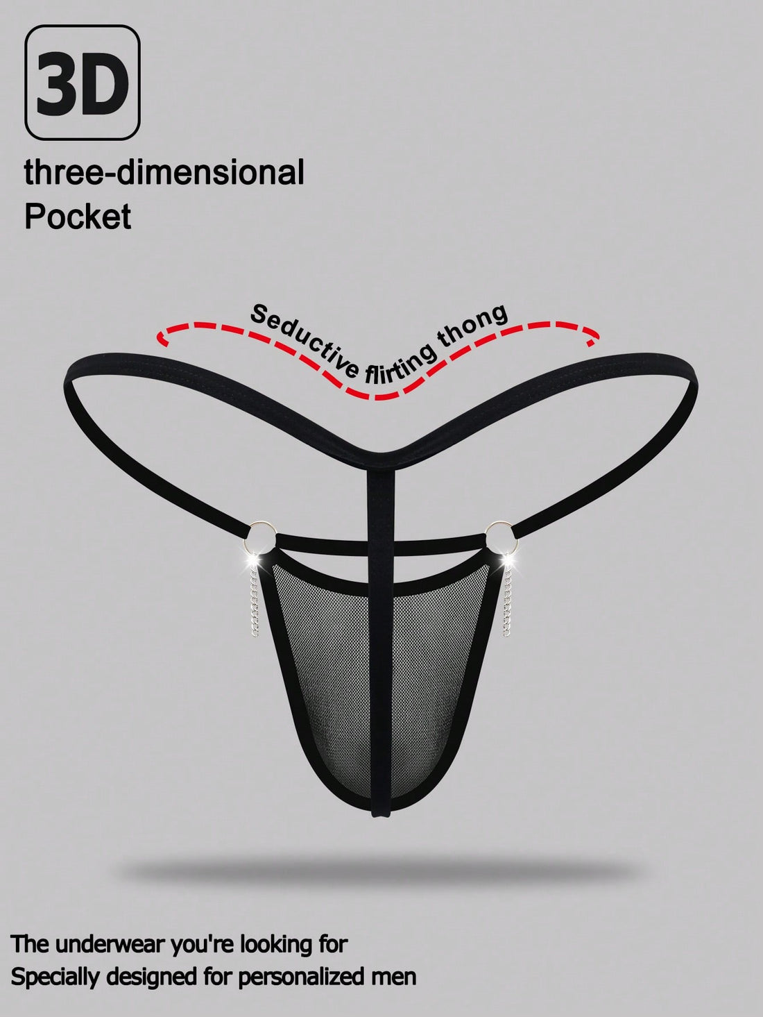 Men's black mesh low-rise thong with colorblock design and chain accessory detail