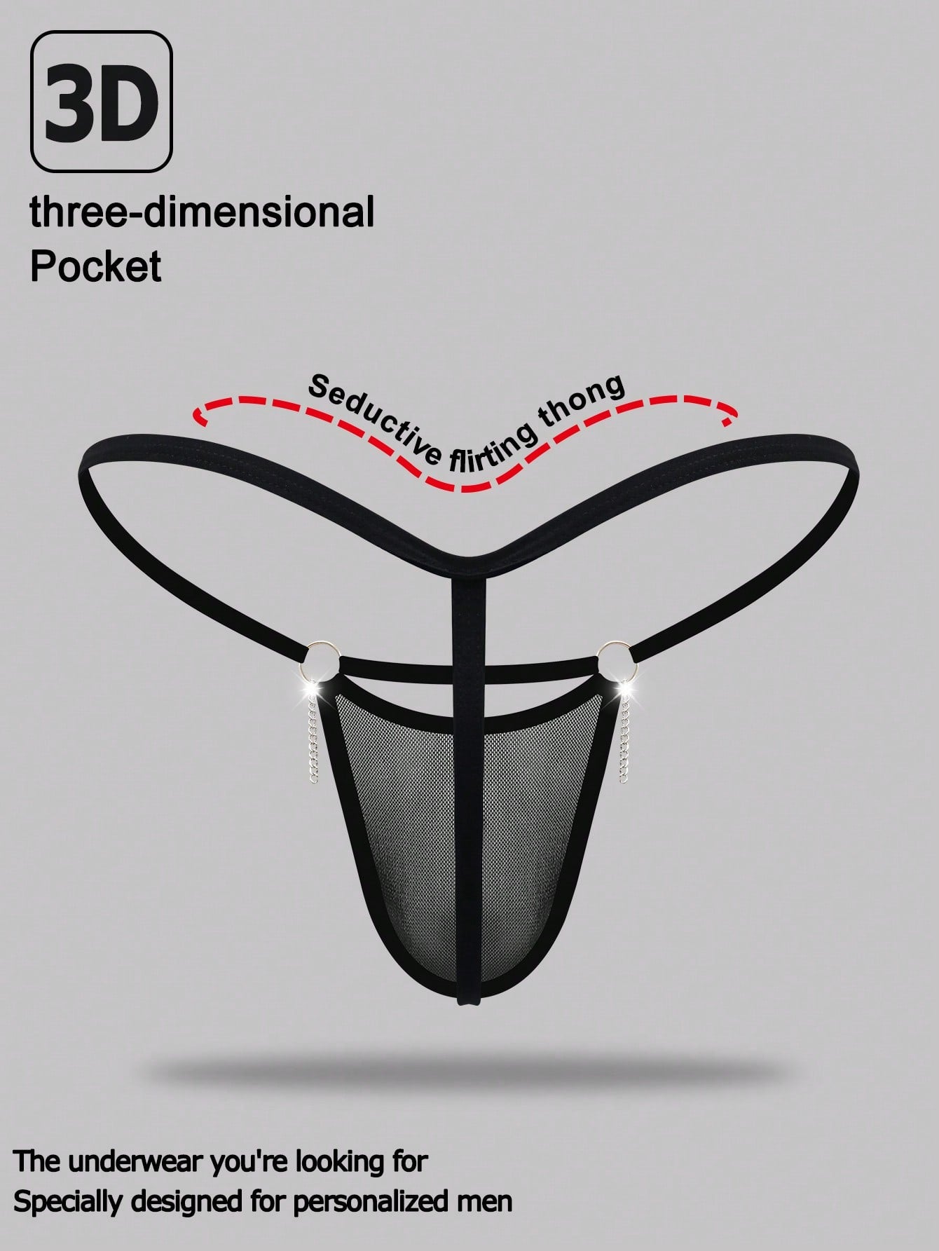 Men's black mesh low-rise thong with colorblock design and chain accessory detail