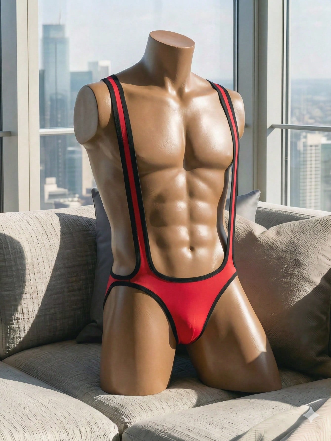 Men's red colorblock cut-out underwear vest with contrast binding, backless detail, and low-rise fit