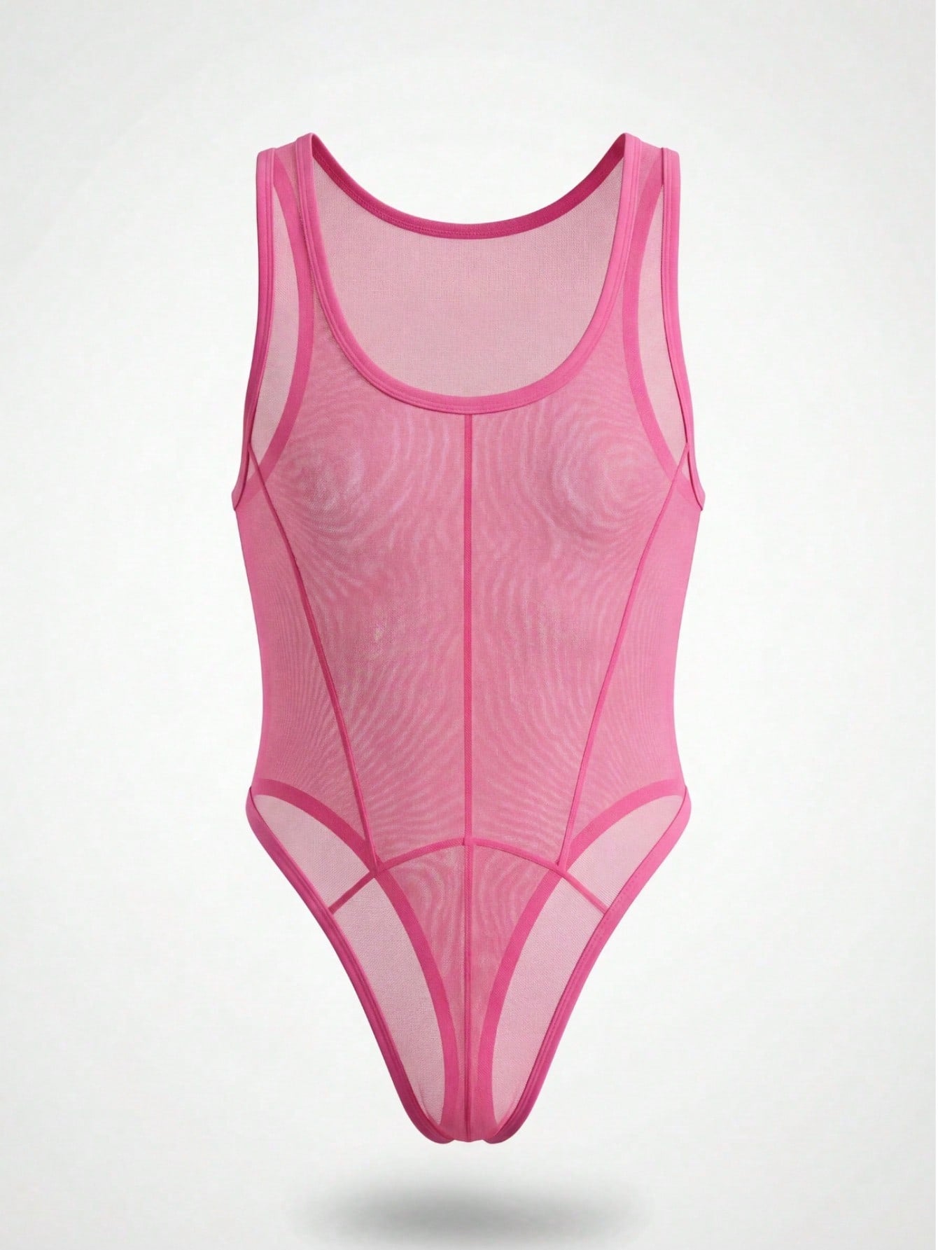 Men's pink V-neck suspender thong underwear with wide straps, backless design, contrast lace details, and low-rise fit
