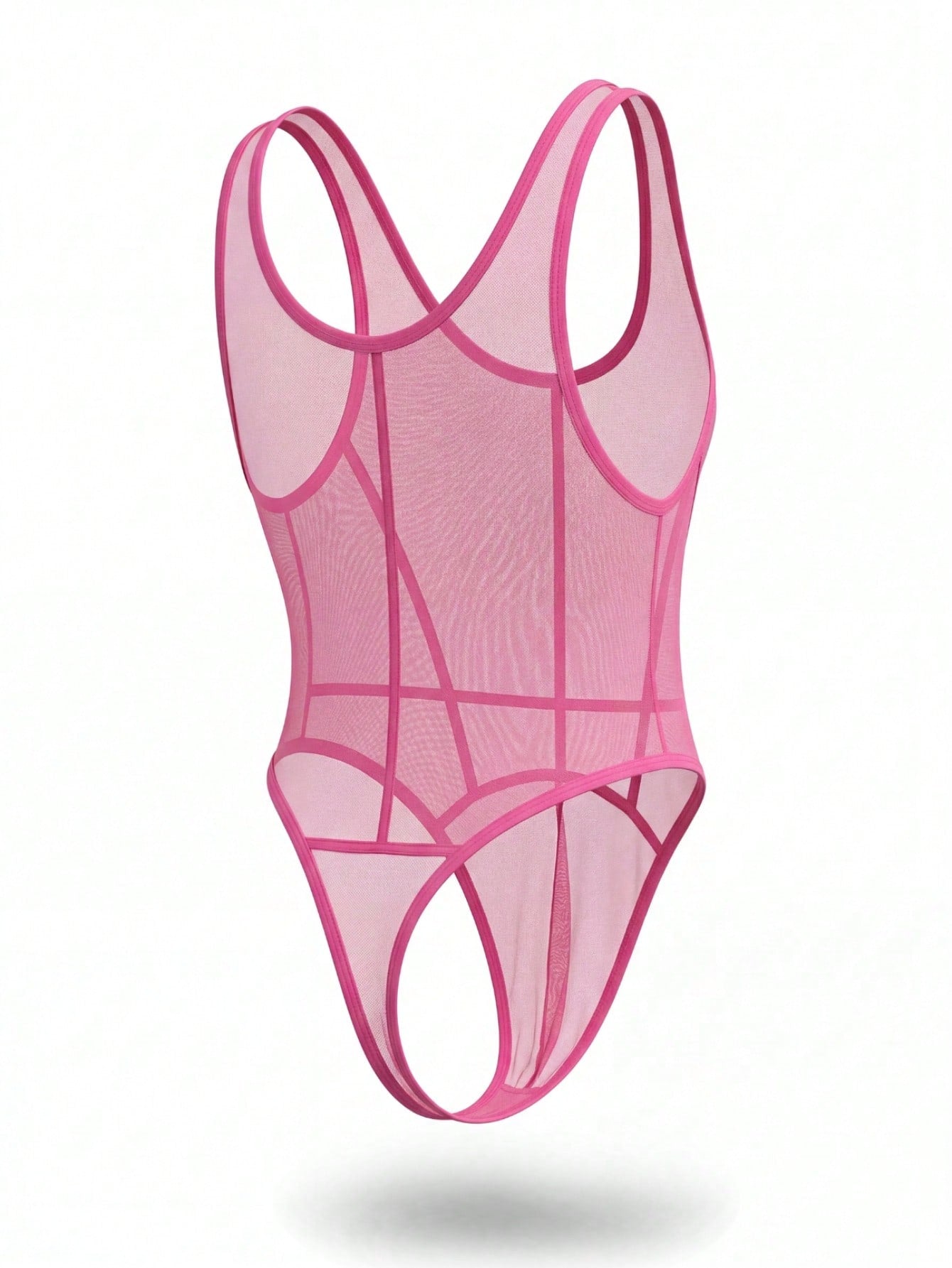 Men's pink V-neck suspender thong underwear with wide straps, backless design, contrast lace details, and low-rise fit