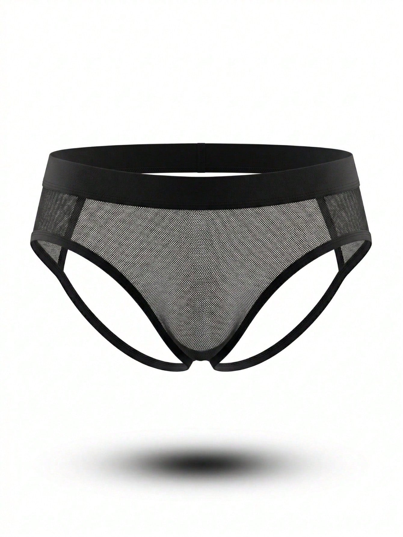 Black mesh men's jockstrap with hollow-out backless waist design and mid-rise fit