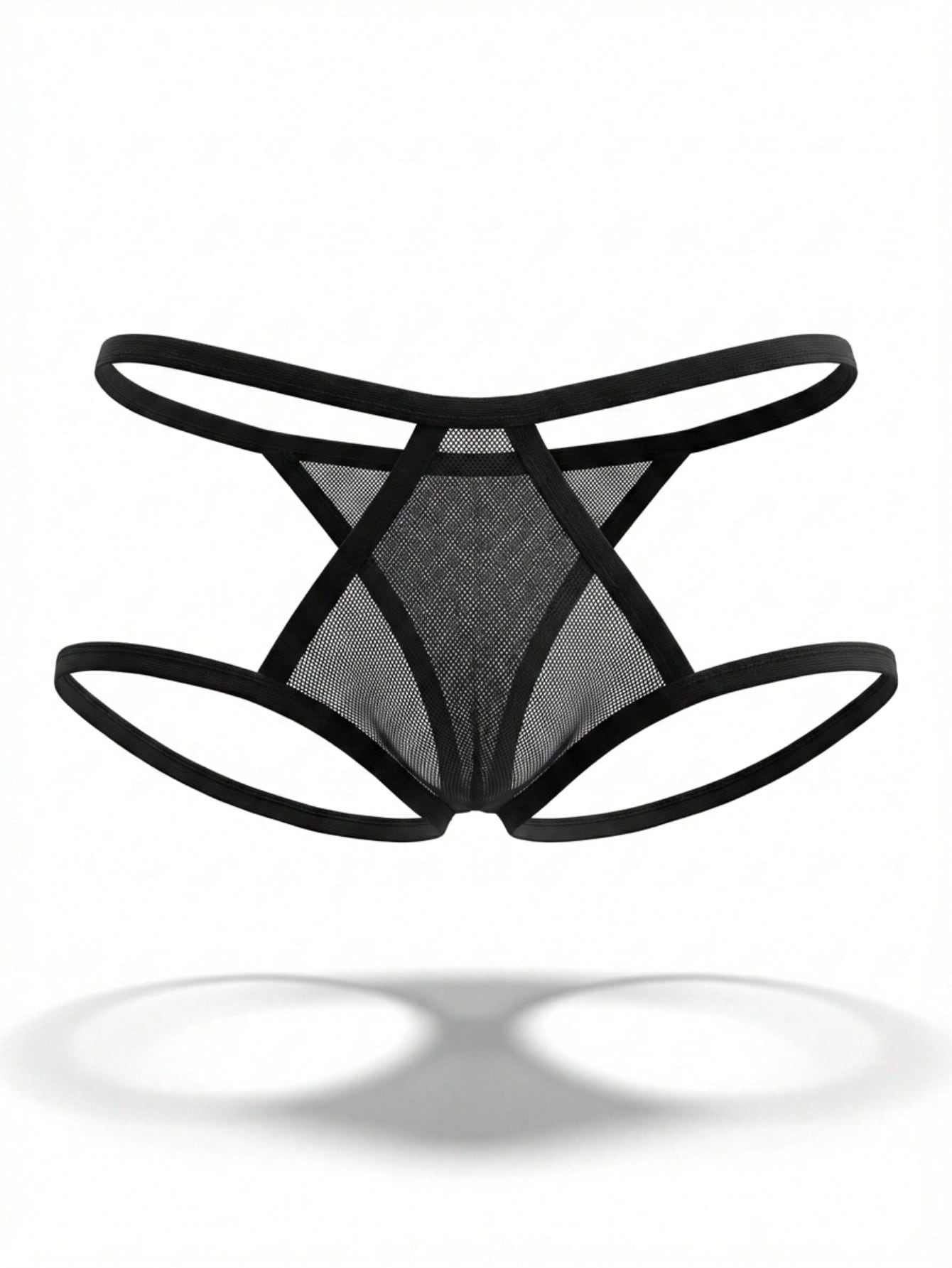 Black men's low-rise thong underwear in hollow mesh fabric with ring detail