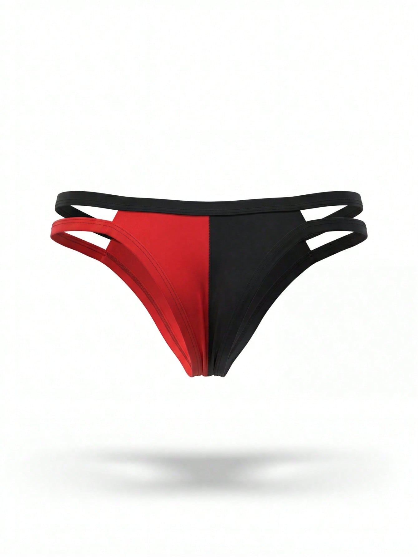 Men's low-rise thong underwear with patchwork styling and contrast binding in knitted fabric