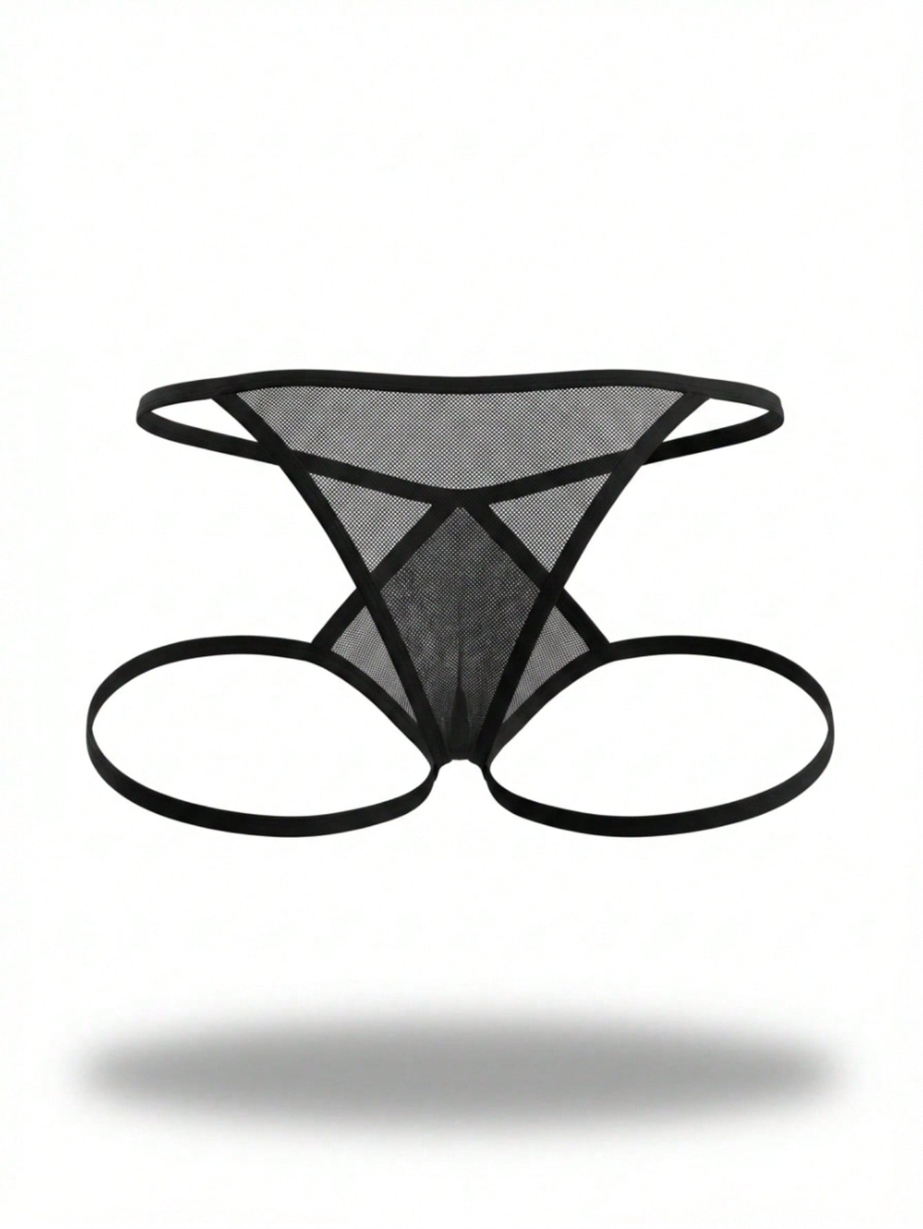 Black men's low-rise thong underwear in hollow mesh fabric with ring detail