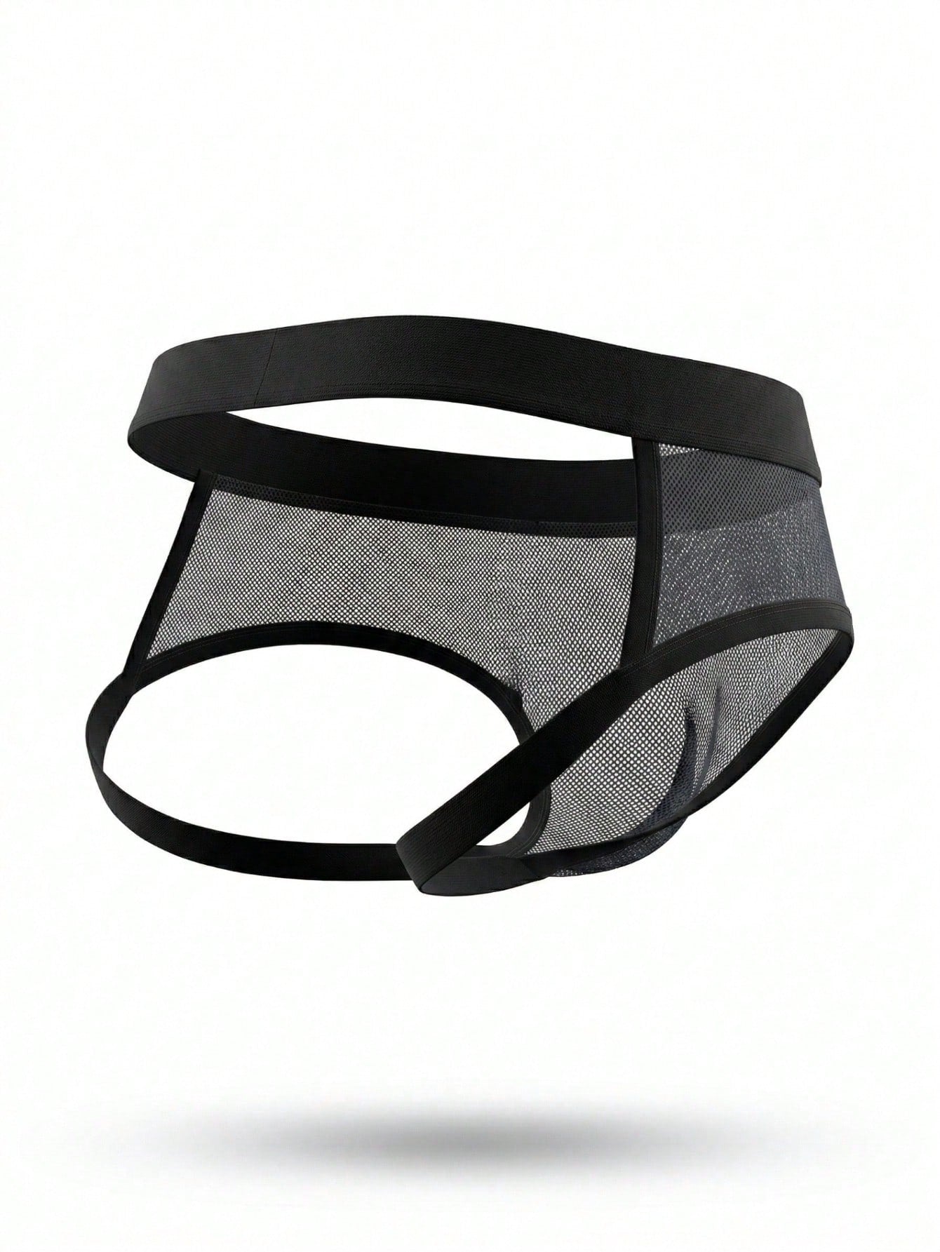 Black mesh men's jockstrap with hollow-out backless waist design and mid-rise fit