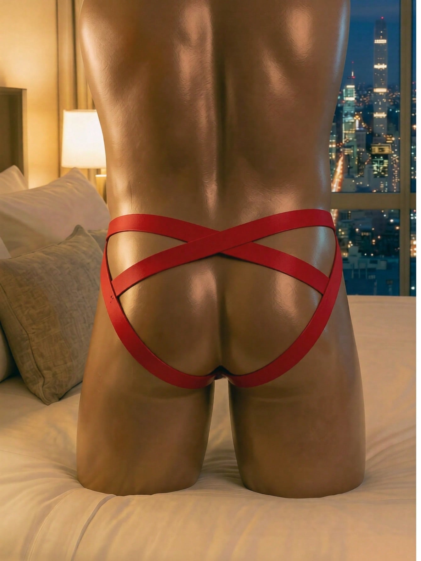 Red men's low-rise backless jockstrap with contrast lace, mesh fabric, and geometric plant pattern