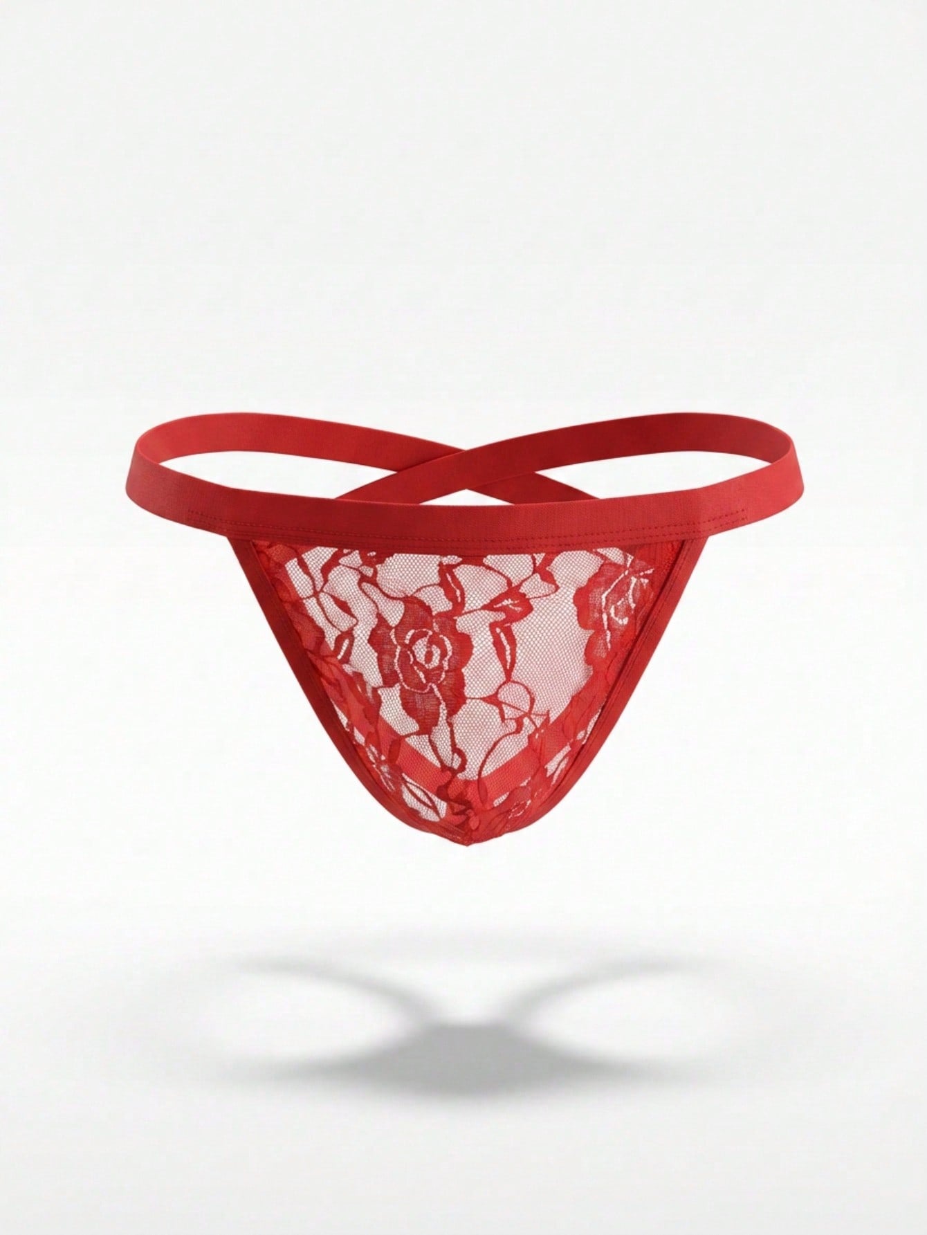 Red men's low-rise backless jockstrap with contrast lace, mesh fabric, and geometric plant pattern