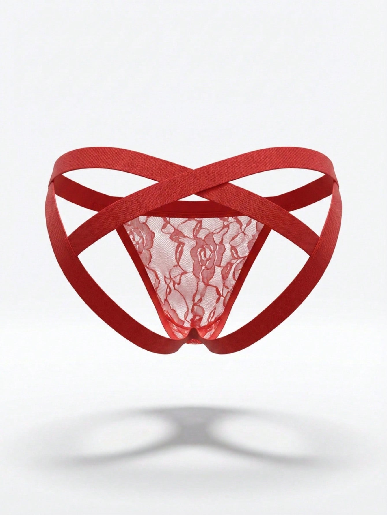Red men's low-rise backless jockstrap with contrast lace, mesh fabric, and geometric plant pattern