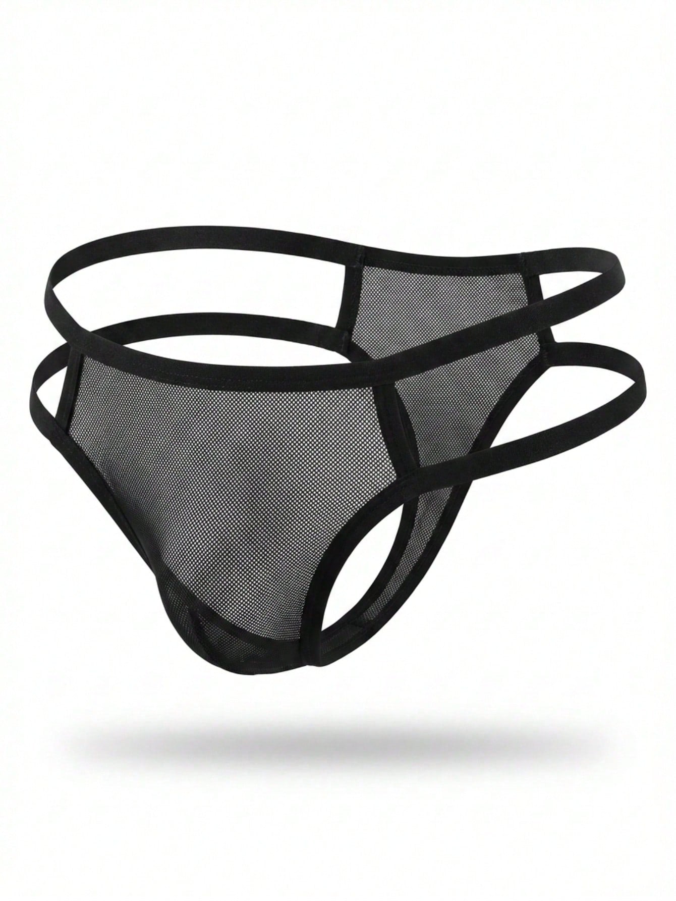Black mesh mid-rise men's thong underwear with a plain design