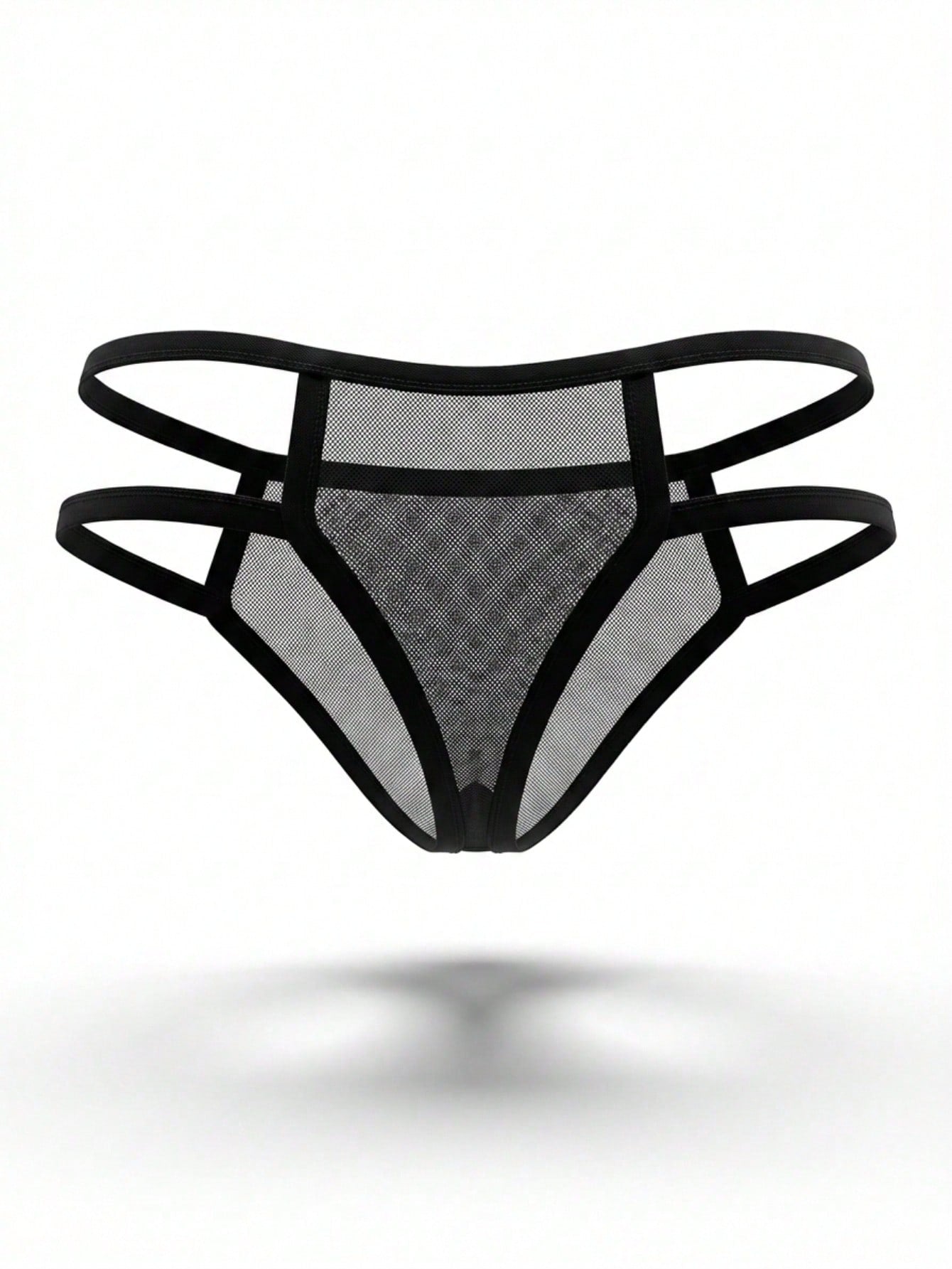 Black mesh mid-rise men's thong underwear with a plain design