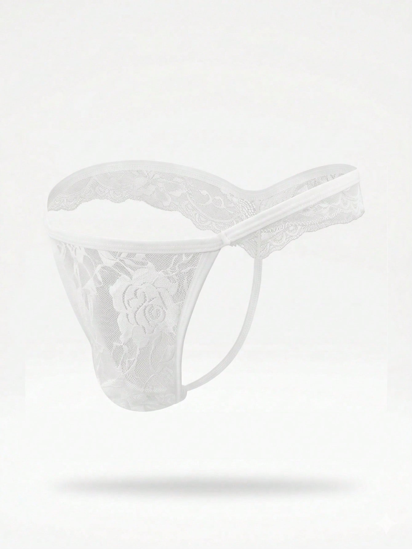 Men's low-rise mesh thong underwear with lace trim and a plain, alluring design