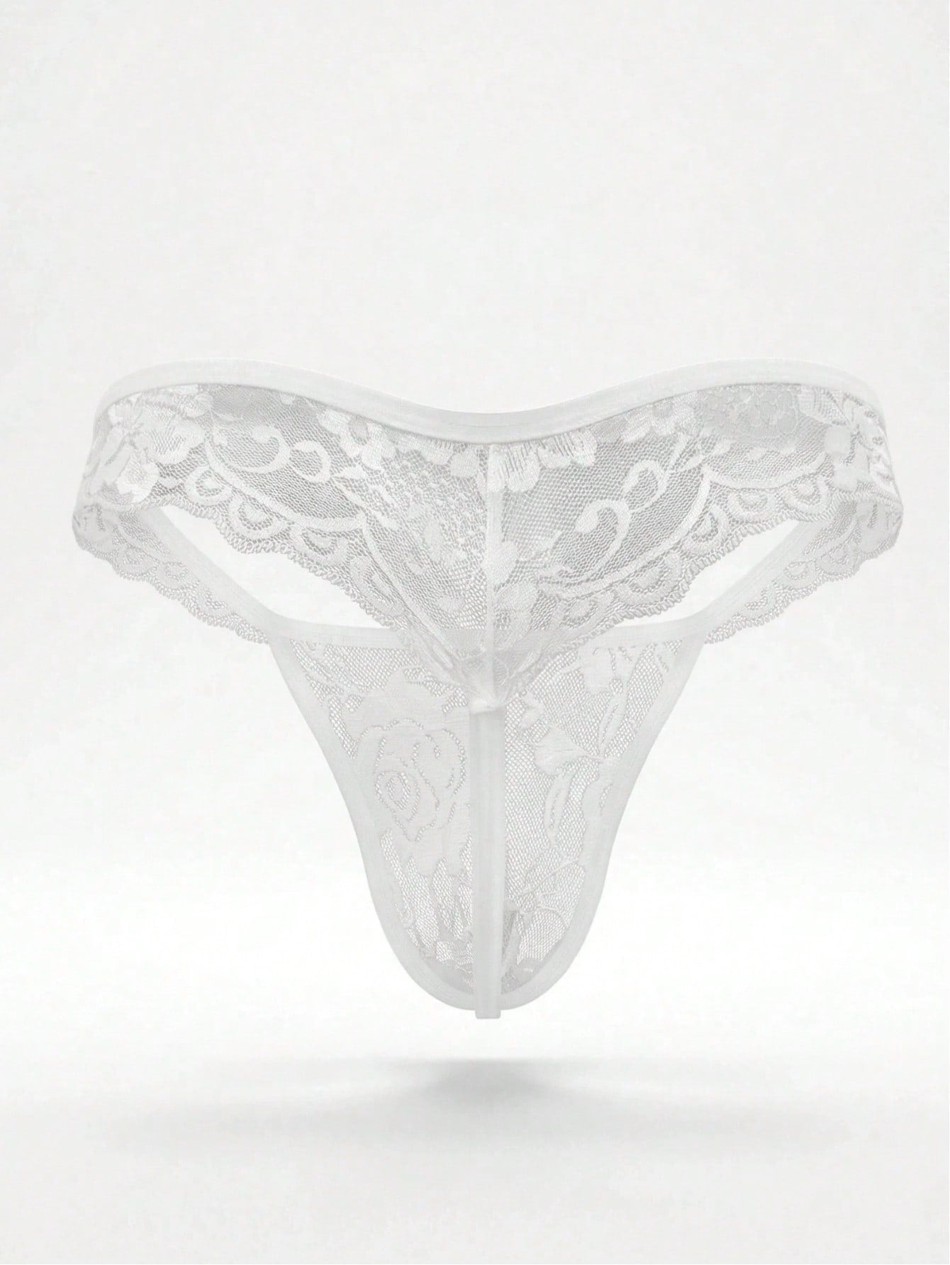 Men's low-rise mesh thong underwear with lace trim and a plain, alluring design