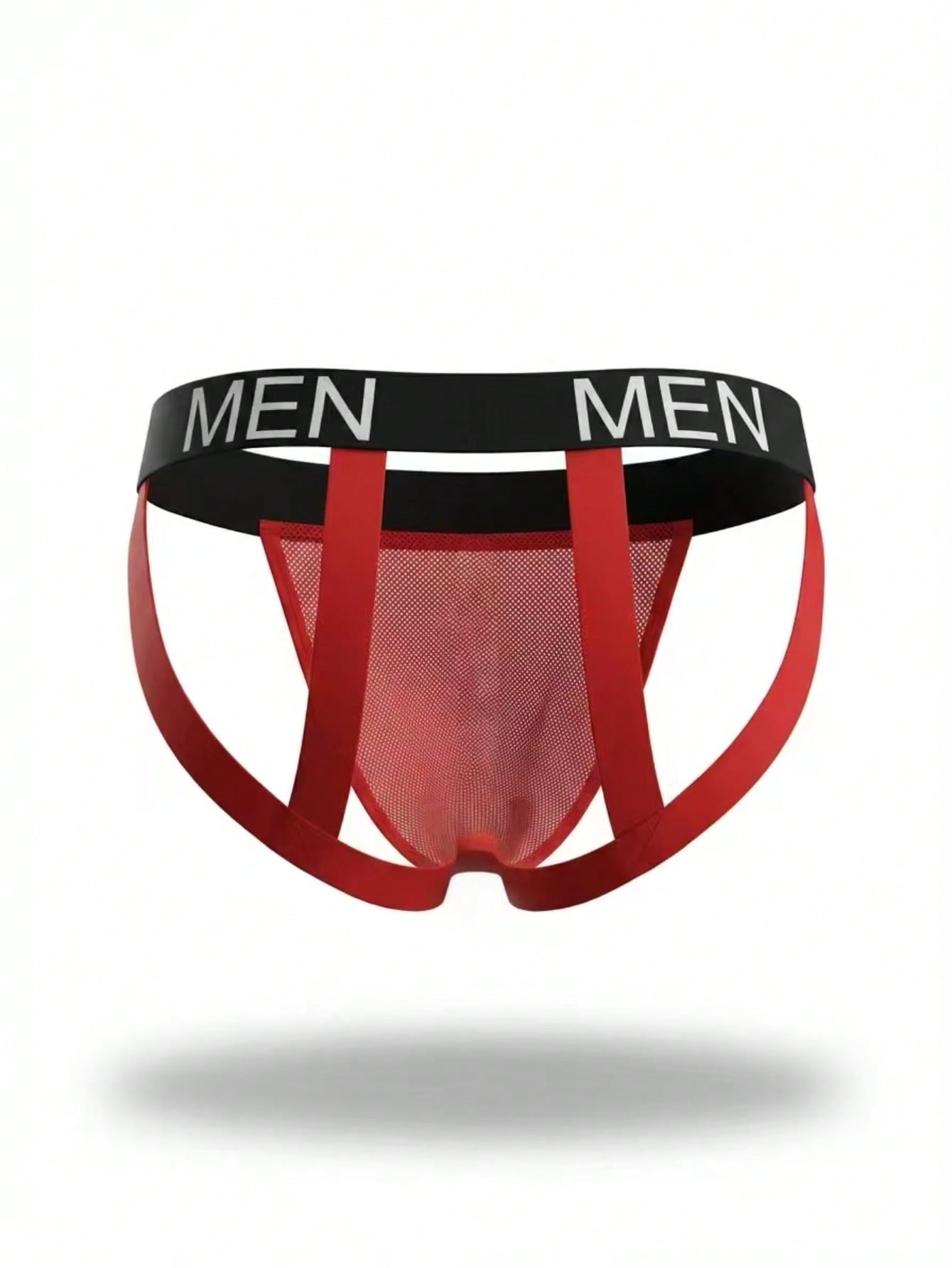 Men's black low-rise jockstrap briefs made from striped mesh fabric with a slim fit design