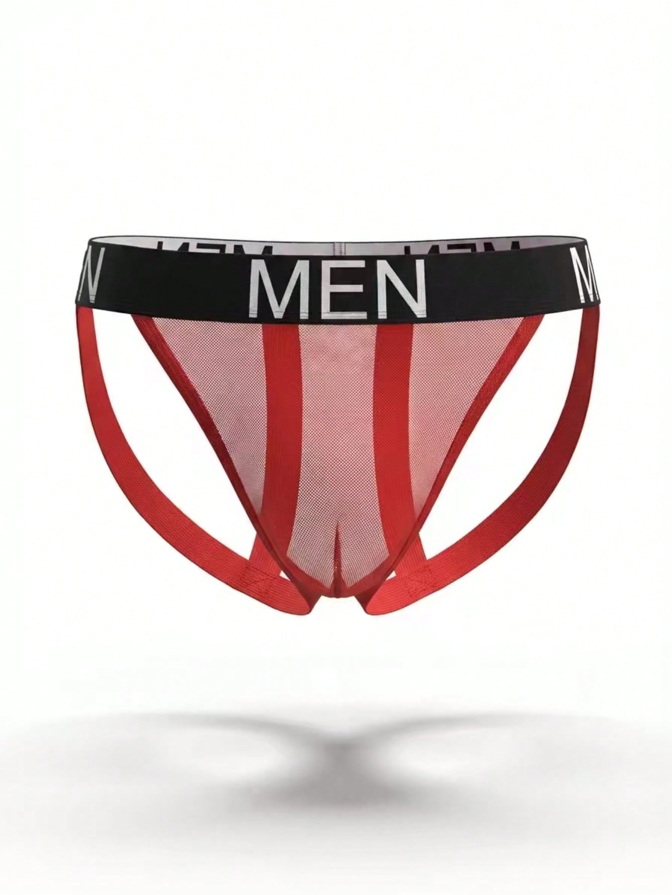 Men's black low-rise jockstrap briefs made from striped mesh fabric with a slim fit design