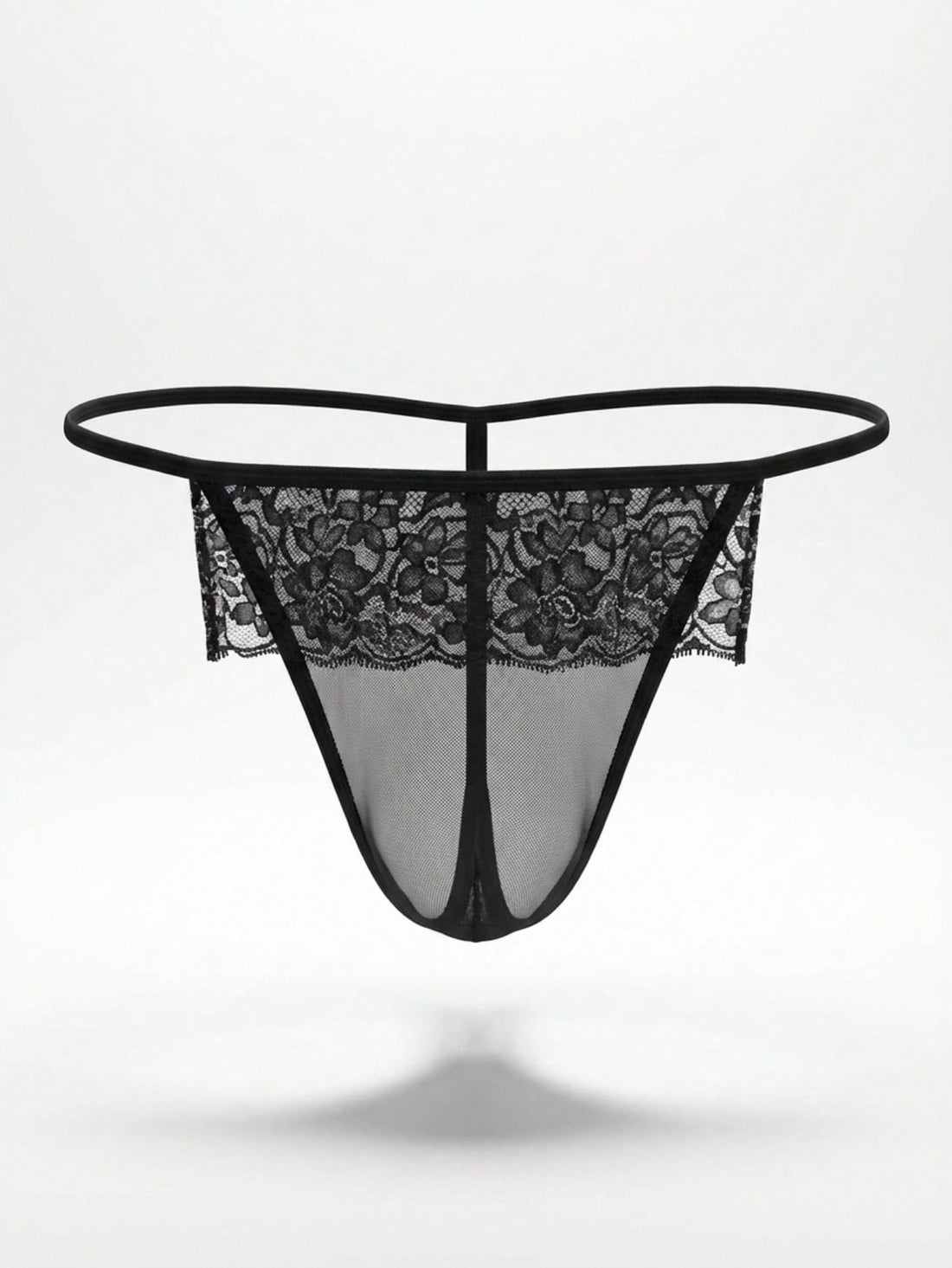 Black men's low-rise thong underwear made from mesh fabric with contrast lace waist detailing