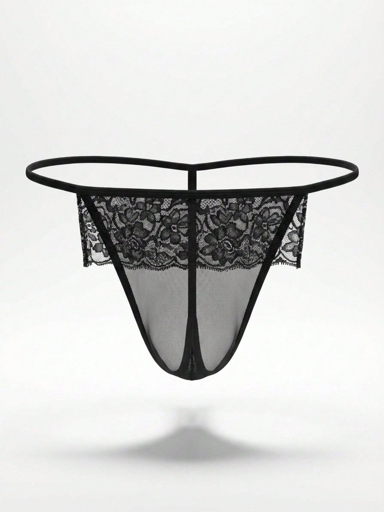 Black men's low-rise thong underwear made from mesh fabric with contrast lace waist detailing