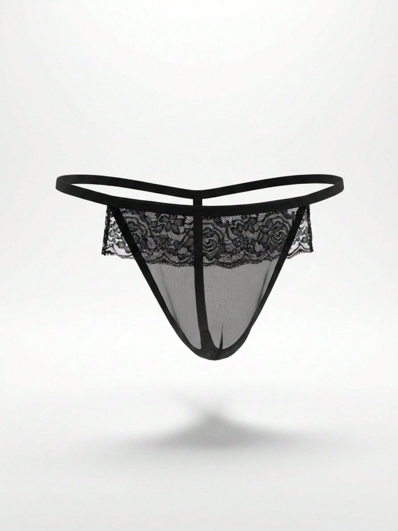 Black men's low-rise thong underwear made from mesh fabric with contrast lace waist detailing