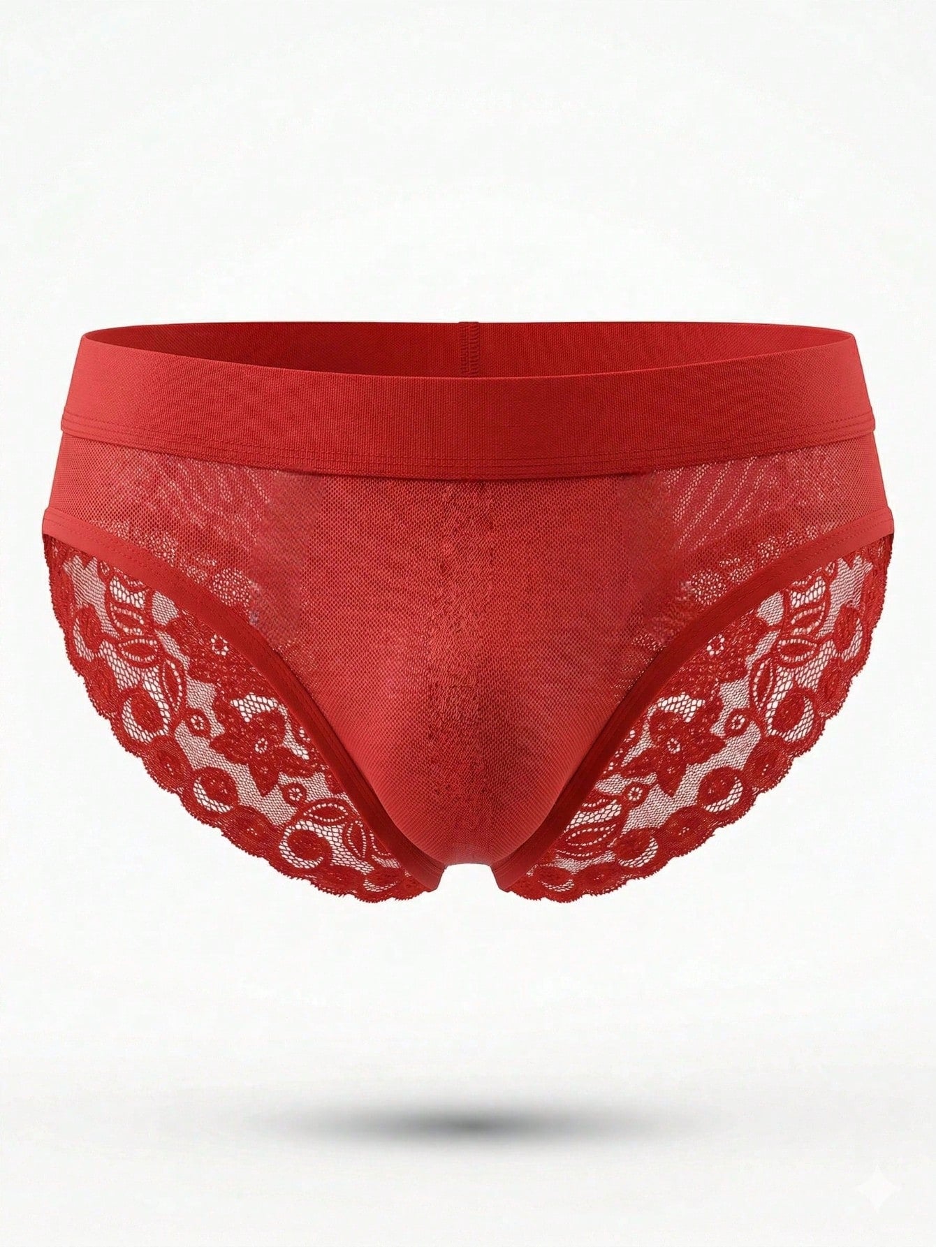 Men's mesh and lace patchwork low-rise briefs with plant pattern and medium-stretch fabric