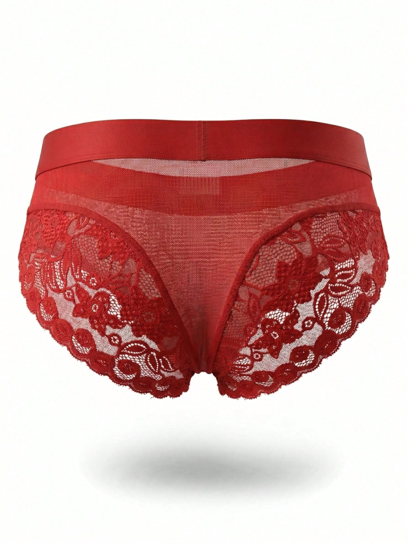 Men's mesh and lace patchwork low-rise briefs with plant pattern and medium-stretch fabric