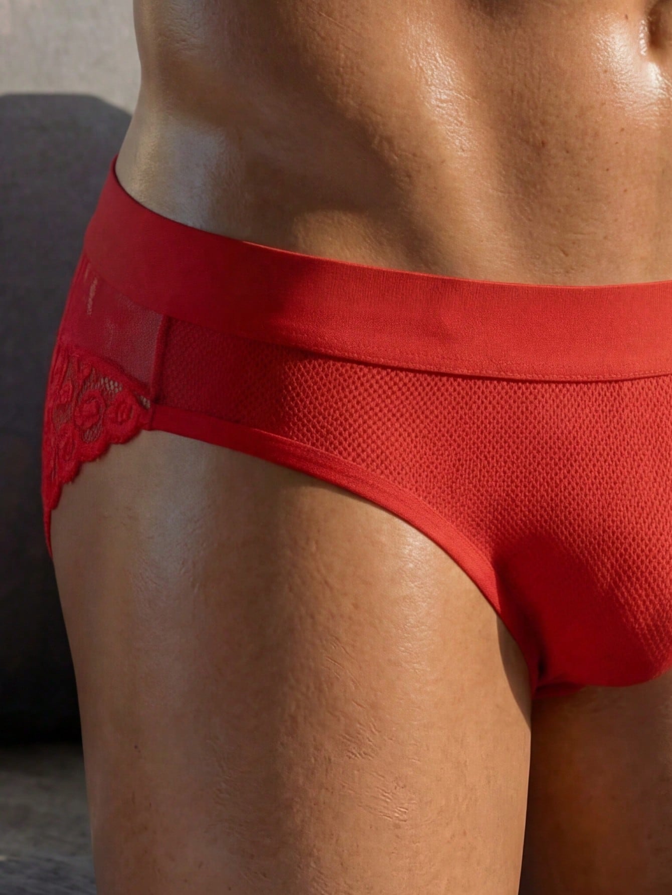 Men's mesh and lace patchwork low-rise briefs with plant pattern and medium-stretch fabric