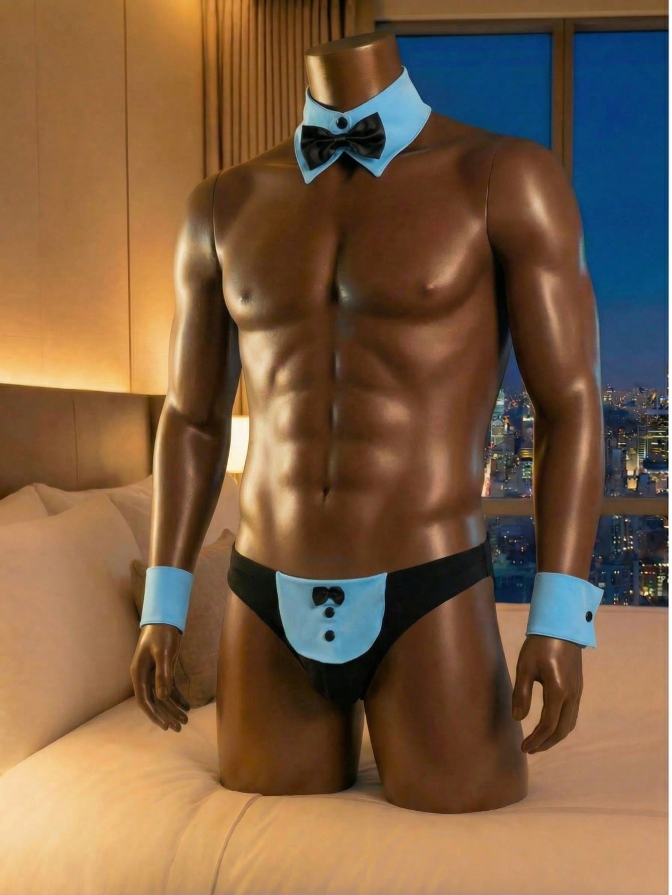 Men's 4-piece costume underwear set with matching arm sleeves and bow tie, featuring a halter-style design and short high-stretch pants for Halloween or party wear.
