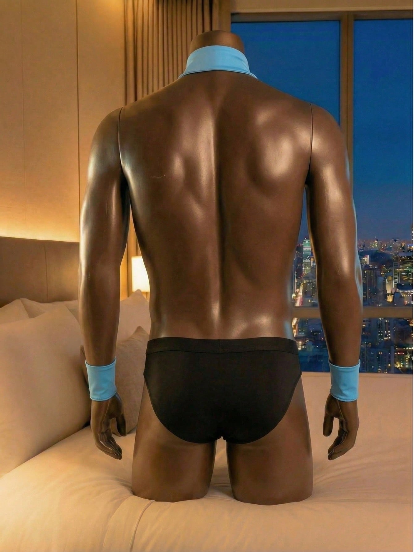Men's 4-piece costume underwear set with matching arm sleeves and bow tie, featuring a halter-style design and short high-stretch pants for Halloween or party wear.