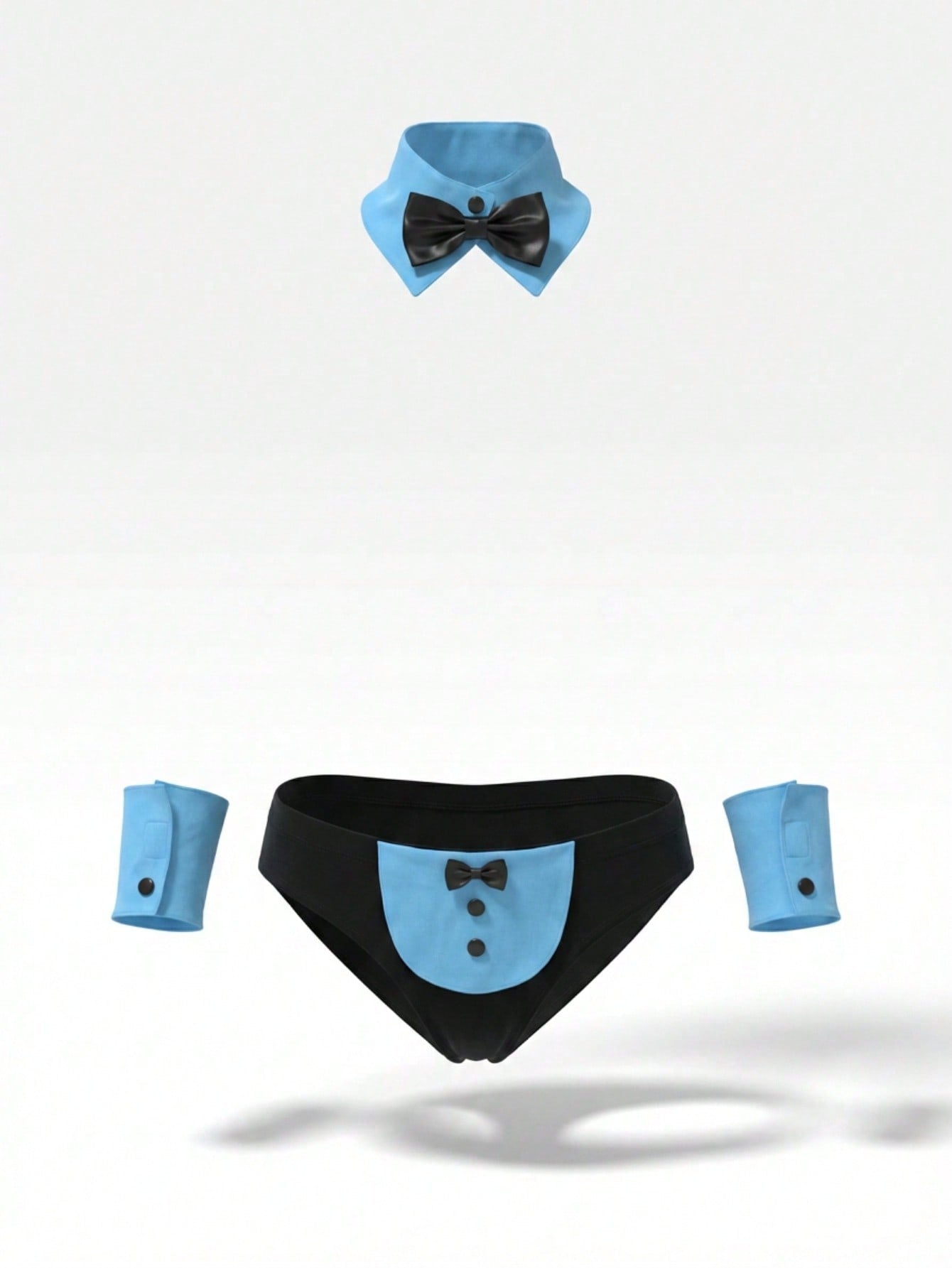 Men's 4-piece costume underwear set with matching arm sleeves and bow tie, featuring a halter-style design and short high-stretch pants for Halloween or party wear.