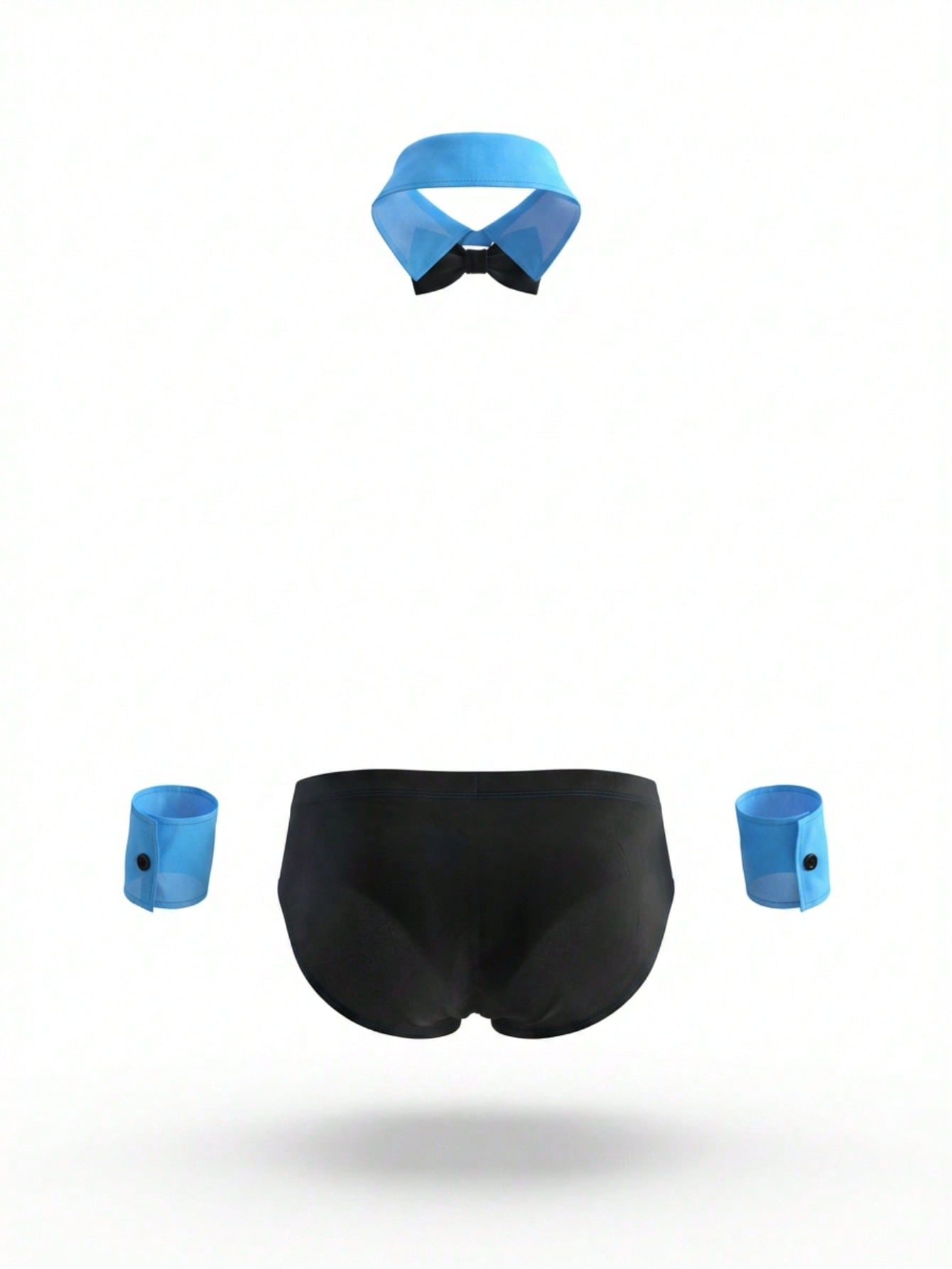 Men's 4-piece costume underwear set with matching arm sleeves and bow tie, featuring a halter-style design and short high-stretch pants for Halloween or party wear.
