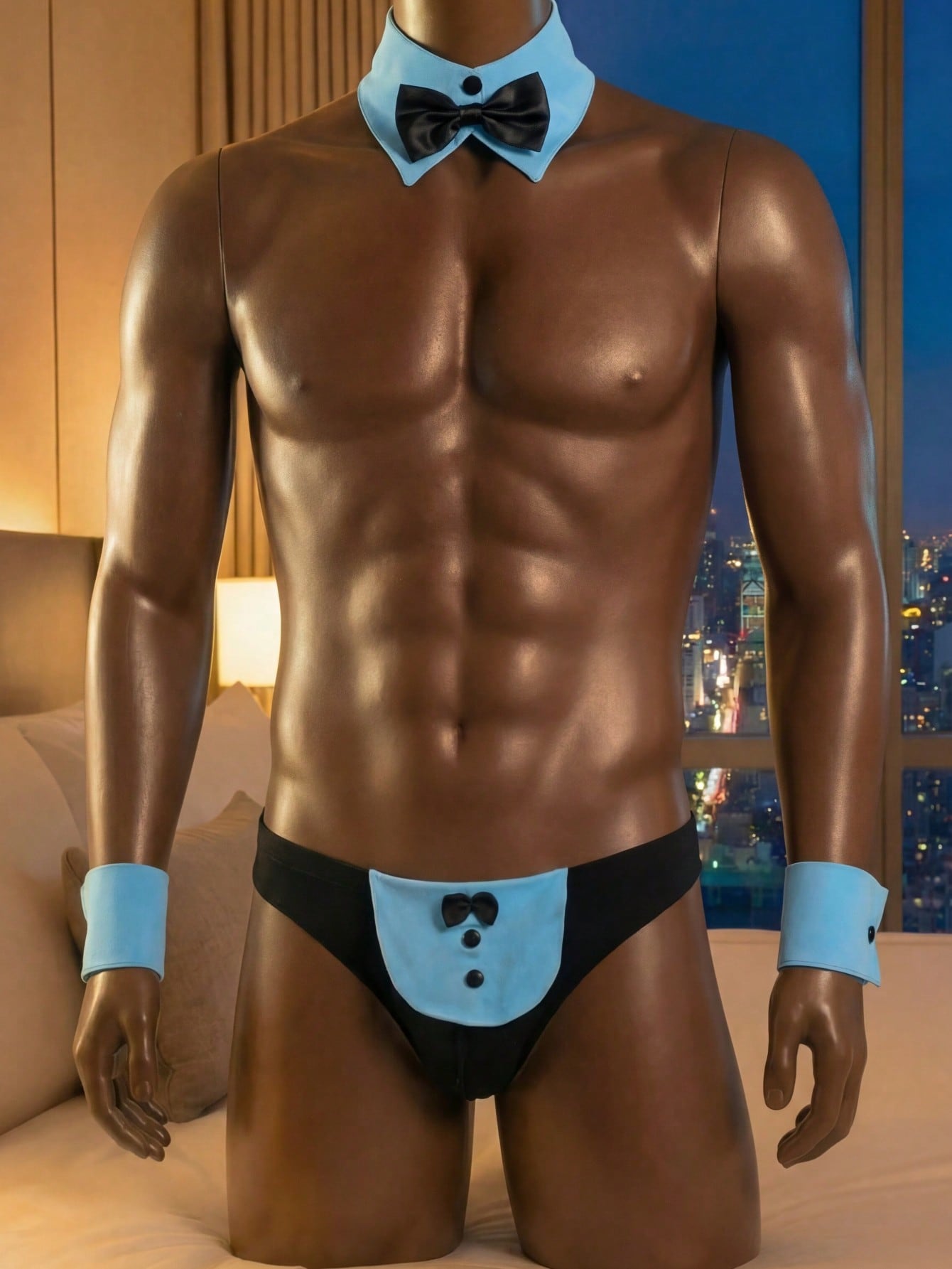 Men's 4-piece costume underwear set with matching arm sleeves and bow tie, featuring a halter-style design and short high-stretch pants for Halloween or party wear.