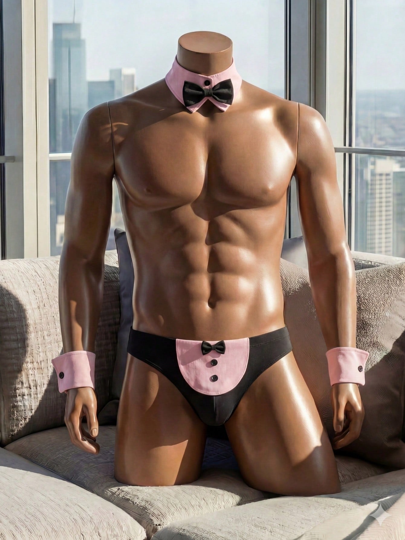 Men's 4-piece costume underwear set with matching arm sleeves and bow tie, featuring a halter-style design and short high-stretch pants for Halloween or party wear.