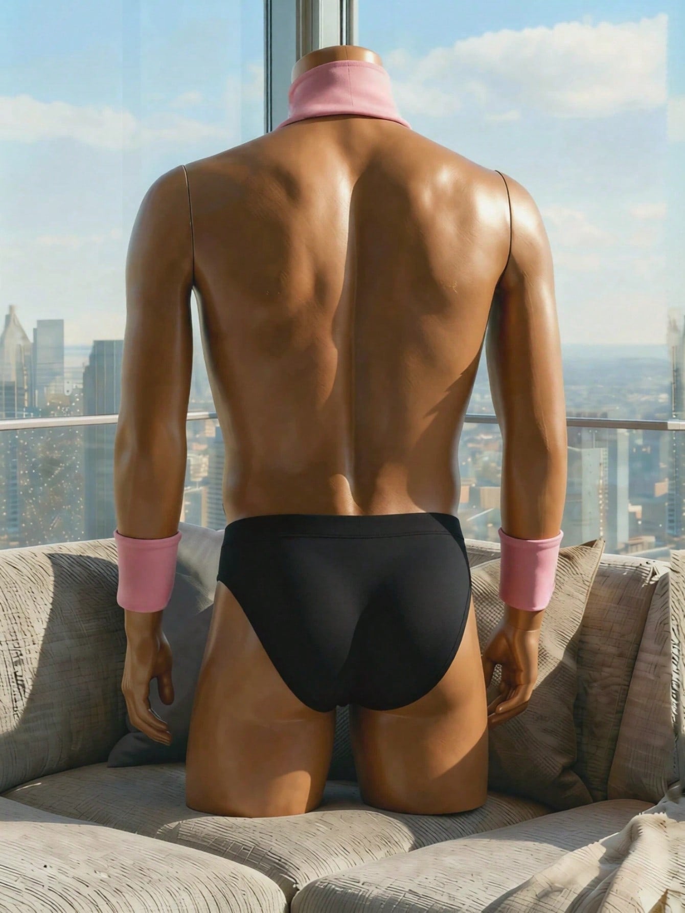 Men's 4-piece costume underwear set with matching arm sleeves and bow tie, featuring a halter-style design and short high-stretch pants for Halloween or party wear.