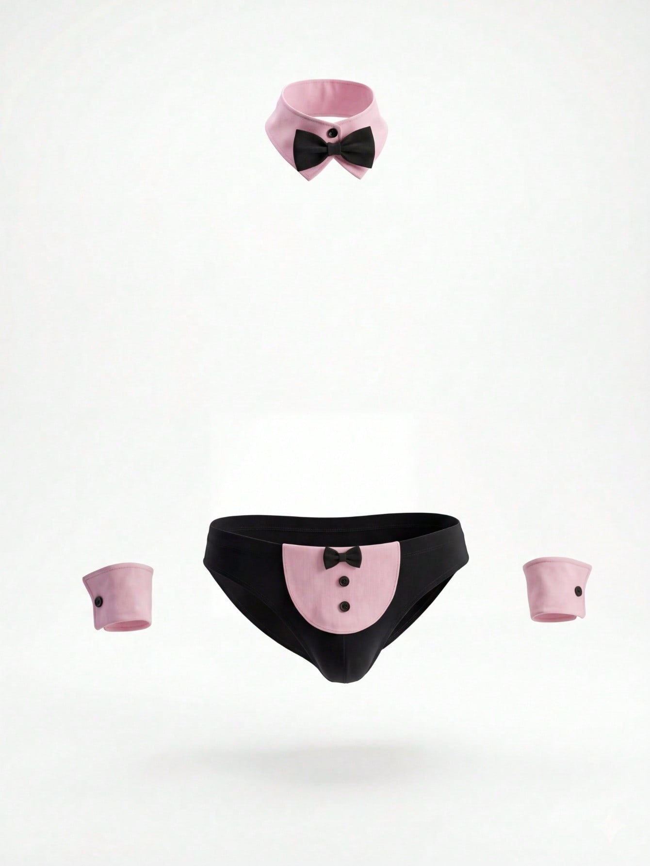 Men's 4-piece costume underwear set with matching arm sleeves and bow tie, featuring a halter-style design and short high-stretch pants for Halloween or party wear.