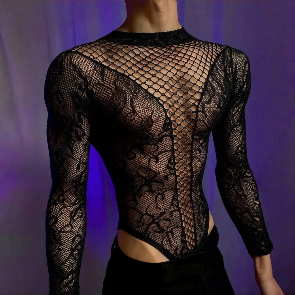 Men's white mesh one-piece jumpsuit costume with round neck, hollow-out design, low rise fit, and semi-sheer high-stretch fabric