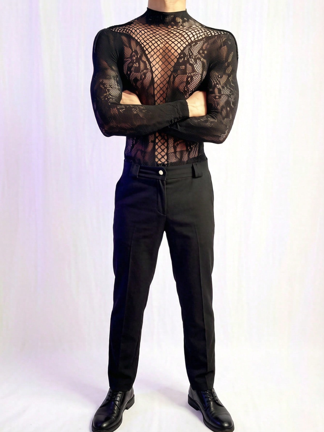Men's white mesh one-piece jumpsuit costume with round neck, hollow-out design, low rise fit, and semi-sheer high-stretch fabric