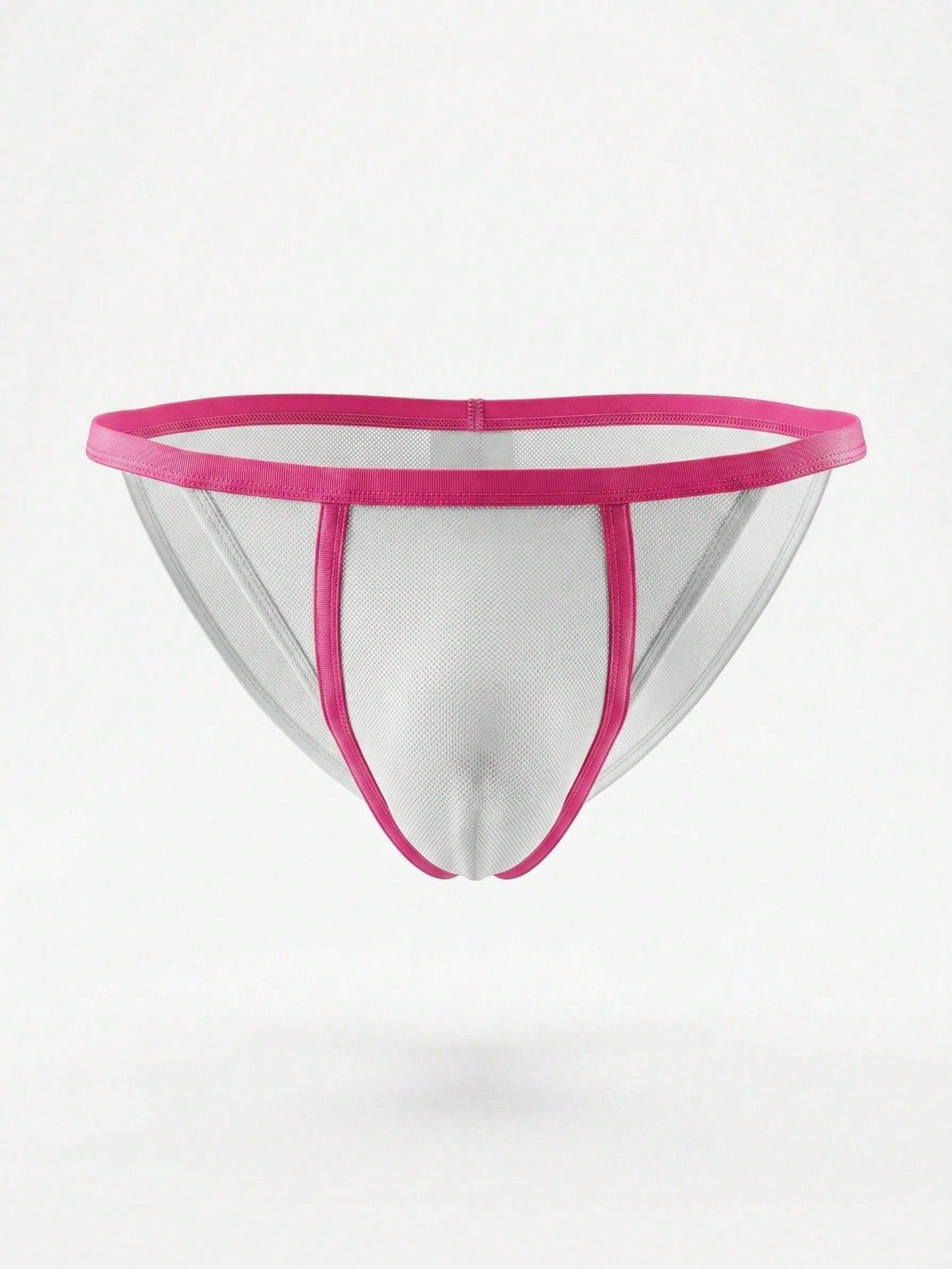 White men's mesh briefs with vibrant fuchsia trim, colorblock styling, and a low-rise cut.