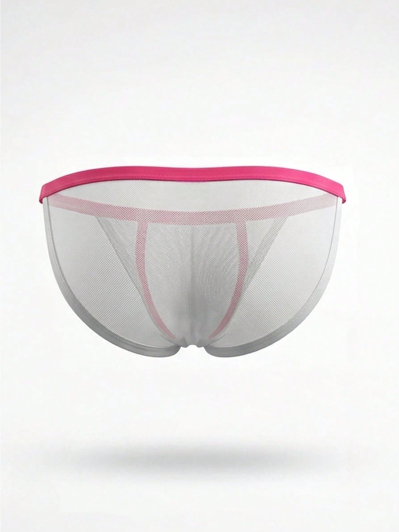 White men's mesh briefs with vibrant fuchsia trim, colorblock styling, and a low-rise cut.