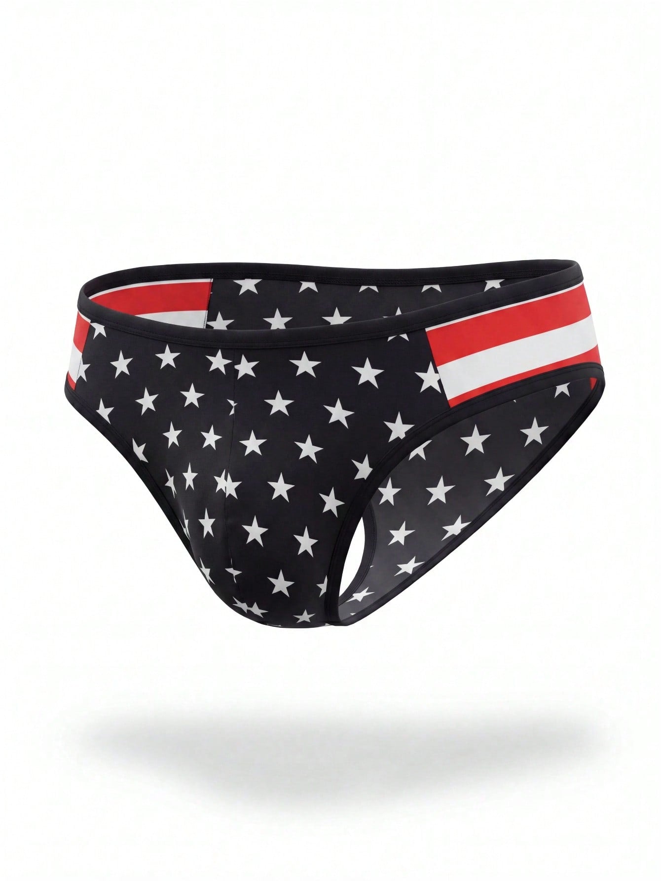 Men's black low-rise thong underwear with geometric striped star print, high-stretch knitted fabric, non-sheer design
