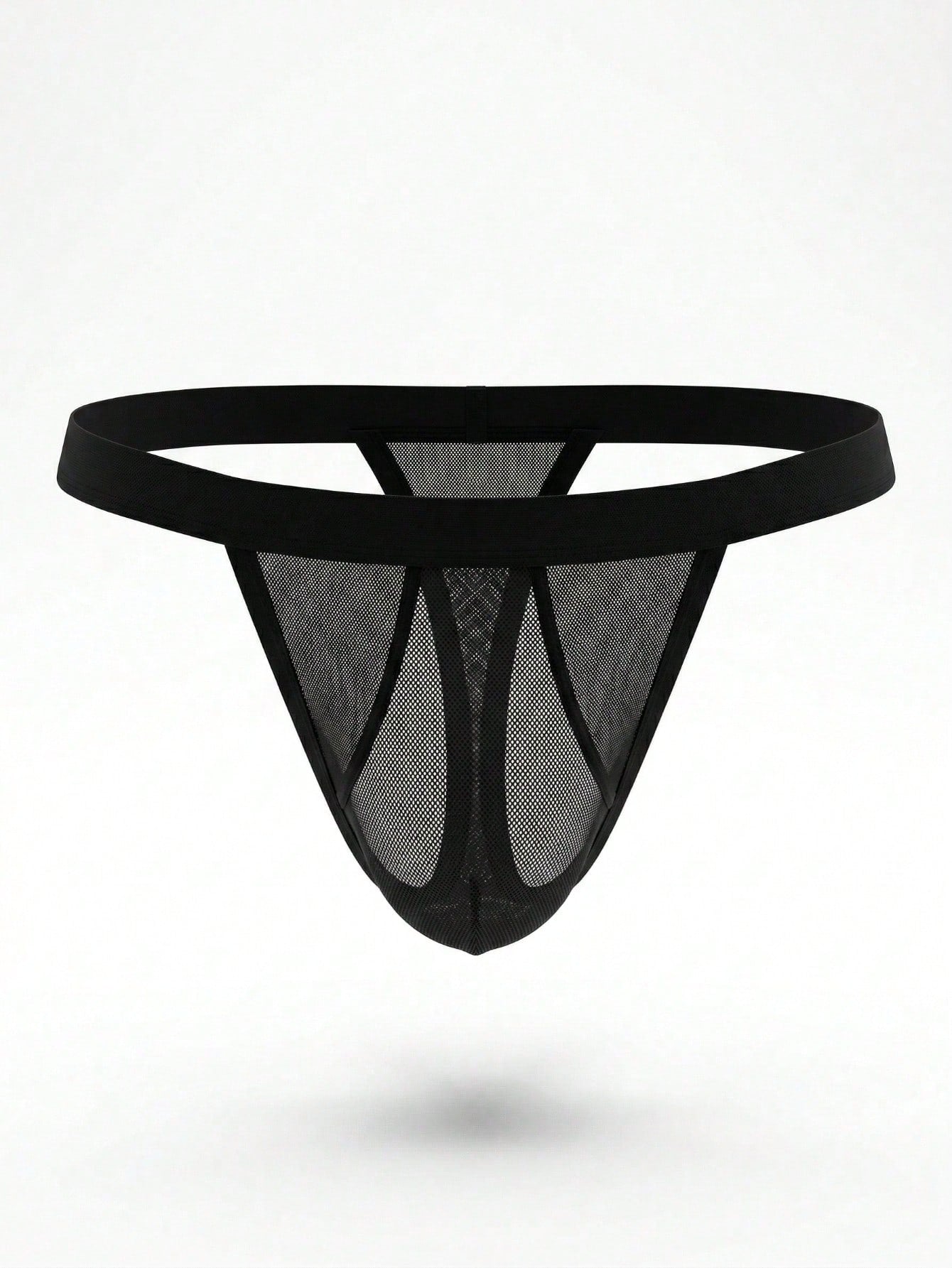 Men's black hollow mesh thong underwear with a scoop neckline, mid-rise fit, and colorblock design